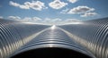 Corrugated metal culverts stretch toward the horizon under a bright blue sky with scattered white clouds Background image Royalty Free Stock Photo