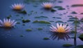 Mystical Water Surface: Three Purple Lotus Blooms on Dark Blue Reflective Water Royalty Free Stock Photo