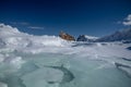 Low angle winter shot of the majestic Perce Rock. Royalty Free Stock Photo