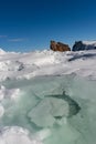 Low angle winter shot of the majestic Perce Rock. Royalty Free Stock Photo