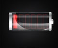 Low battery. Battery charging status indicator. Glass realistic power battery illustration on black background. Full Royalty Free Stock Photo