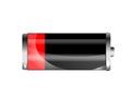 Low battery. Battery charging status indicator. Glass realistic power battery illustration on white background. Full