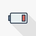 Low battery, charge thin line flat color icon. Linear vector symbol. Colorful long shadow design. Royalty Free Stock Photo