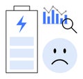 Low Battery Concept with Charging Symbol, Graph, Magnifying Glass, and Sad Face Icon Royalty Free Stock Photo
