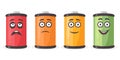 Low Battery and Full Battery Character Icon Set. Funny Cartoon Battery Characters with Full, Slightly Depleted, Nearly