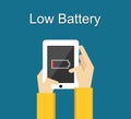 Low battery illustration. Flat design. Low battery notification on phone screen. Royalty Free Stock Photo