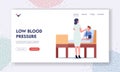 Low Blood Pressure Landing Page Template. Nurse Character Check Patient Arterial Pressure. Female Doctor Using Tonometer