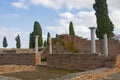 Low brick walls and white roman columns. Green cypress trees, blue sky. Italica, Spain Royalty Free Stock Photo