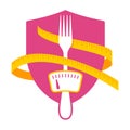 Low Cal diet icon - pink shield with fork and tape
