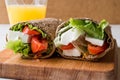 Low Calorie Diet Wrap with Cheese, Tomatoes, Salad and Orange Juice Royalty Free Stock Photo