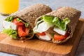 Low Calorie Diet Wrap with Cheese, Tomatoes, Salad and Orange Juice Royalty Free Stock Photo