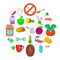 Low calorie food icons set, cartoon style