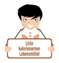 Low calorie food list, German, nutrition, boy, isolated.