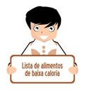 Low calorie food list, portuguese, nutrition, boy, isolated.