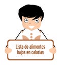 Low calorie food list, spanish, nutrition, boy, isolated.