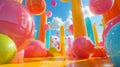 Low camera angle shot, realistic Disney Pixar style 3d render of a bounce-house mega fun