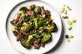 Low Carb Beef And Broccoli Stir Fry On Plate, White Background. Generative AI