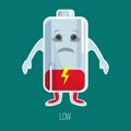 Low charged battery cartoon character with hands and face