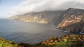 Low clouds over stunning Slieve League Cliff in County Donegal, Ireland. Irish landscape. Popular landmark for epic view and