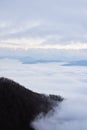 Low clouds, view of winter forest and mountains from observation deck, vertical picture of amazing natural phenomenon. Beautiful