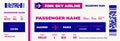 Low cost airline boarding pass template. Pink Sky airplane ticket mock up. Vector illustration Royalty Free Stock Photo