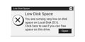 Low disk space retro message in black color. Old error window notification.
