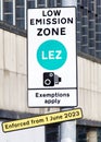 Low emission zone sign in city centre of Glasgow being enforced for all vehicles