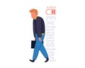 Low energy and tiredness concept. Young stressed tired businessman walking with briefcase and low battery feeling down vector