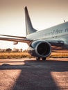 Backlit image of passenger airplane standing stationary on airport apron.