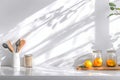 Low fat ingredient jars on a clean counter with a digital nutrition display, emphasizing conscious cooking, Generated AI