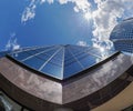 Low focus of a building in downtown Bellevue in Washington, with sunlight in the background Royalty Free Stock Photo