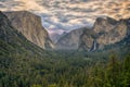 Low-hanging clouds above El Capitan, Half Dome, Bridalveil Falls view on Big Oak Flat Road, Yosemite Nat`l. Park, CA Royalty Free Stock Photo
