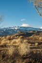 Winter trees, hills, snowy mountain shrouded in clouds Royalty Free Stock Photo