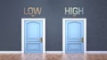 Low and high as a choice - pictured as words Low, high on doors to show that Low and high are opposite options while making Royalty Free Stock Photo