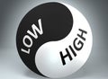 Low and high in balance - pictured as words Low, high and yin yang symbol, to show harmony between Low and high, 3d illustration Royalty Free Stock Photo