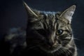 Low key close up portrait of a young grey tabby cat with green eyes and green collar with a bell Royalty Free Stock Photo