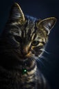 Low key close up portrait of a young grey tabby cat with green eyes and green collar with a bell Royalty Free Stock Photo