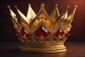 low key image of beautiful golden queen, king crown. ai generative