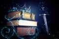 low key image of beautiful queen/king crown over antique book and sword. fantasy medieval period. Selective focus Royalty Free Stock Photo