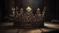 low key image of beautiful queen king crown over wooden table. vintage filtered. fantasy medieval period, generative ai Royalty Free Stock Photo