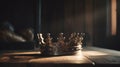 low key image of beautiful queen king crown over wooden table. vintage filtered. fantasy medieval period, generative ai Royalty Free Stock Photo