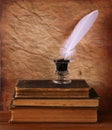 Low key image of white Feather, inkwell and ancient books on old wooden table