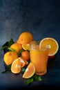 glass of fresh orange juice next to a set of oranges and tangerines Royalty Free Stock Photo