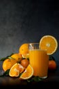 glass of fresh orange juice next to a set of oranges and tangerines Royalty Free Stock Photo