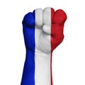 Low key picture of a fist painted in colors of france flag