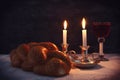 Low key shabbat image. challah bread, shabbat wine and candles