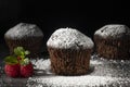 Low key shot of chocolate muffins sprinkled with powdered sugar