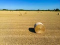 Low level aspect view over a wheat field with bales of straw ready for collection Royalty Free Stock Photo