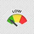 Low level risk gauge vector icon. Low fuel illustration on isolated background.