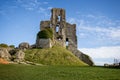 Low level view of the Keep of Corfe Castle seen from inside the castle grounds in Corfe, Dorset, UK